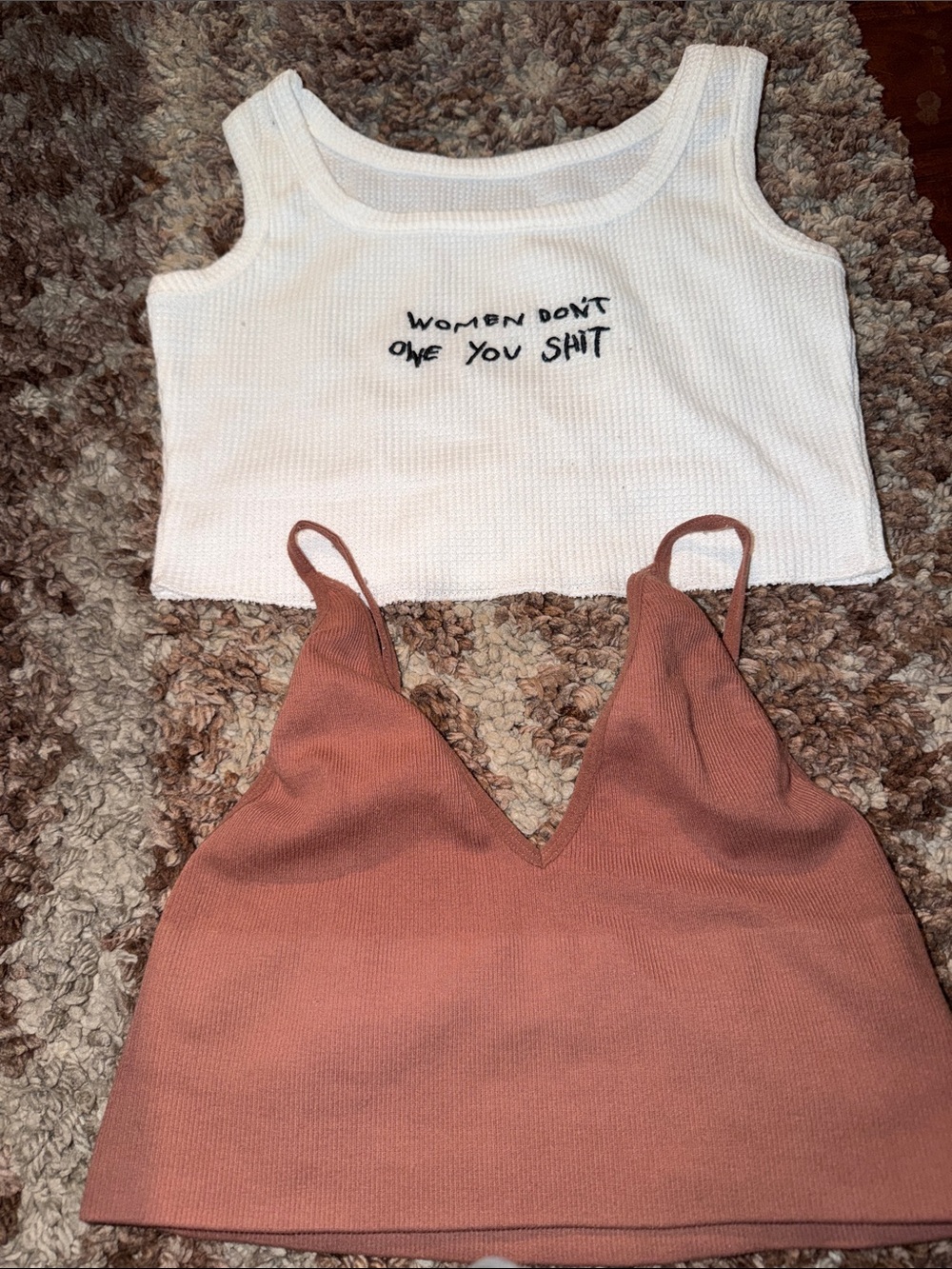 White Ribbed Cropped Tank with Script & Rust V-Neck Cami Set - Women 2 pieces